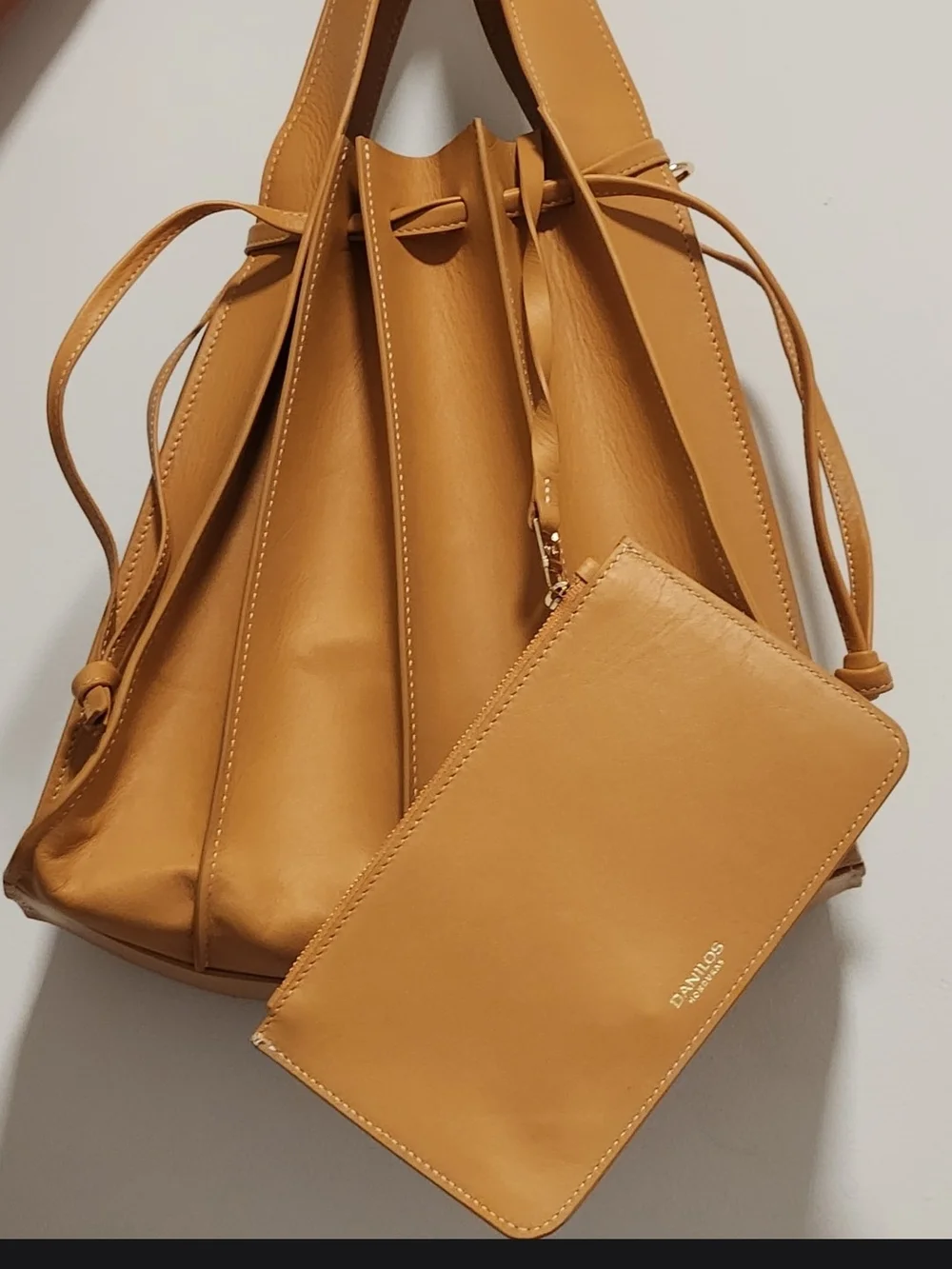 Danilos 100% Leather Drawstring Bucket Bag with Matching Wristlet In Yellow